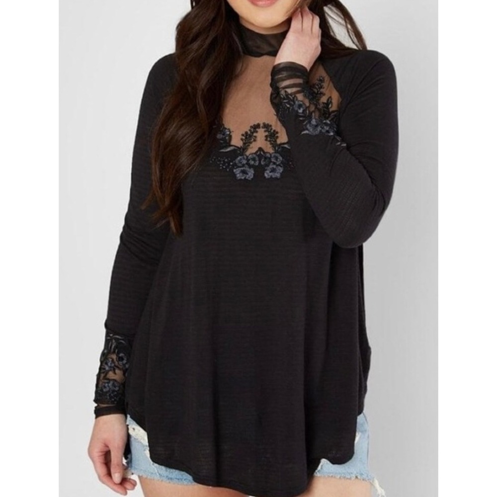 Free People Saheli Embroidered Mesh Tunic Women M Black Top Whimsigoth Boho